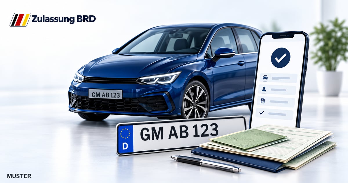 Online Fahrzeugzulassung in Waldbröl: Musterkennzeichen GM AB 123, Auto und Fahrzeugpapiere und Smartphone. Illustration mit Logo von Zulassung BRD.